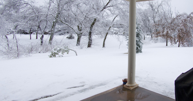 Peter Free's DxO ViewPoint review photo of corrected tilting pillar, snow scene, and resulting displaced distortion.